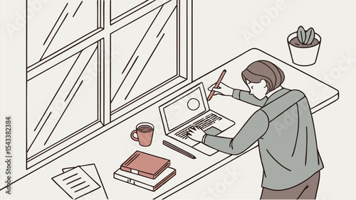 Person working on a laptop by a window with books and a mug on the desk in a cozy workspace area