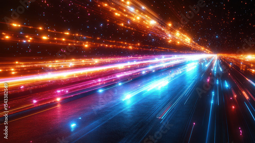 Neon lights streak across a dark tunnel.  Starry, vibrant