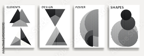 Modern posters . Vector design composition with various geometric shapes . Abstract contemporary art . Vector art ideal for media, ads, covers, brochures, banners. Black and white.
