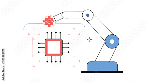 Robotic arm assembling a microchip with gear head in a manufacturing process illustration
