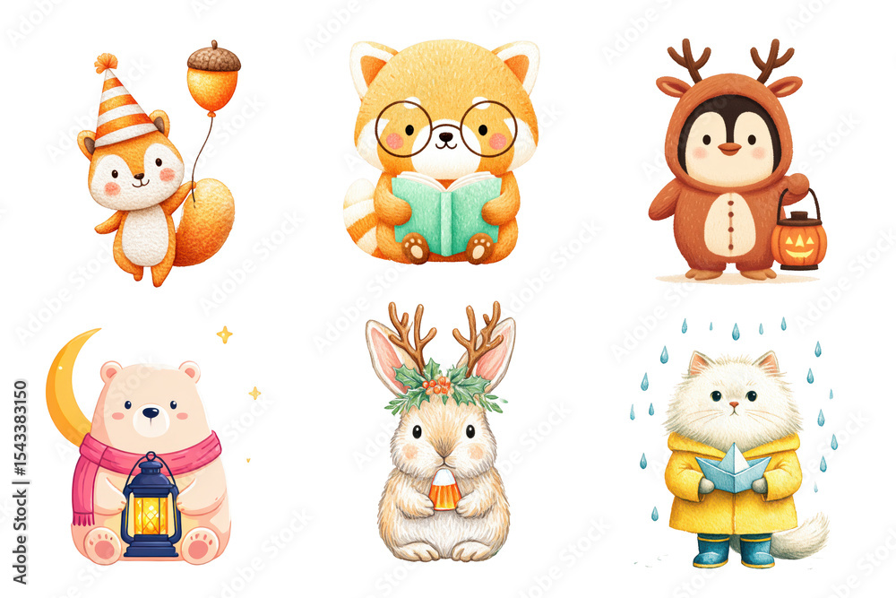 Naklejka premium Whimsical, cute animal character clipart set with holiday and seasonal themes. Squirrel, red panda, penguin, bear, sweet bunny and cat in raincoat.
