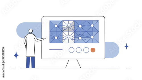 Scientist presenting a diagram of interconnected nodes on a large monitor screen in a laboratory