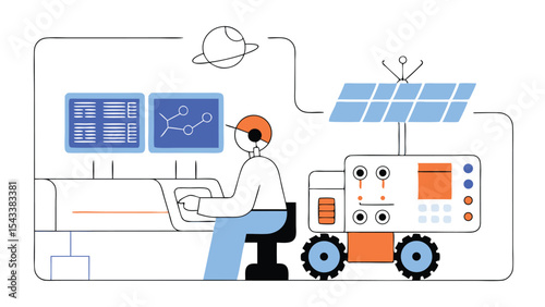 Illustration of a person in a futuristic setting with screens and a solar powered vehicle nearby