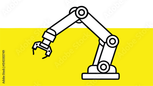 Illustration of a white robotic arm with a claw reaching down against a yellow and white background