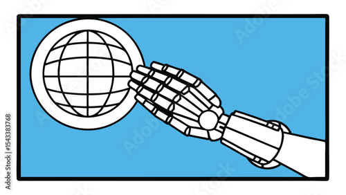Illustration of a robotic arm reaching for a globe inside a blue rectangle with black outline