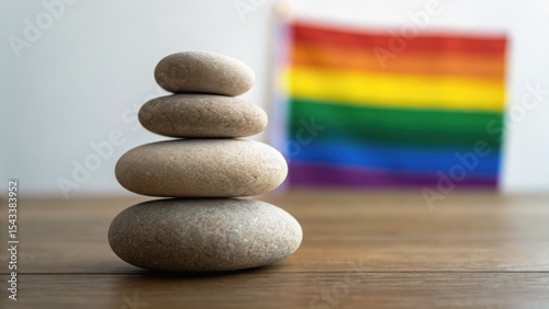 Stacked stones in front of a rainbow flag, symbolizing balance and diversity.