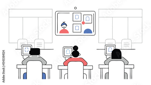 People attending a virtual meeting in an office setting with computers and a large screen display