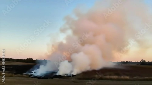 Controlled Burn in Rural Field at Dusk: Smoke Plume and Environmental Management