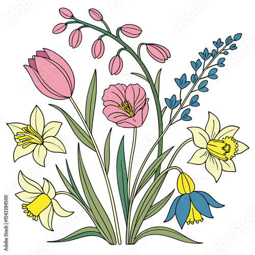 Elegant hand drawn floral arrangement featuring tulips daffodils and blue blooms on white