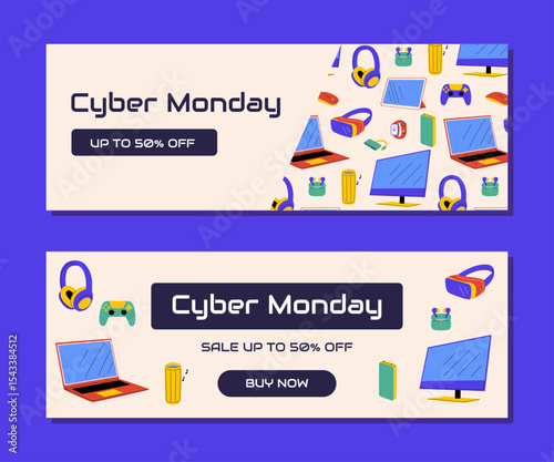 Cyber Monday horizontal banner with colorful electronic gadgets and digital devices. Vector illustration for shopping, tech sale, electronics discount design
