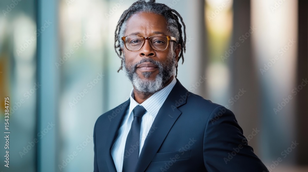 Fototapeta premium A distinguished man in a suit stands confidently outside, representing professionalism and leadership in a contemporary urban setting, highlighting modern business culture.