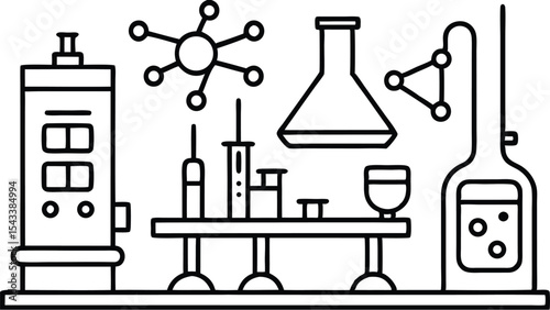 Illustration of laboratory equipment including beakers flasks and other scientific apparatus setup