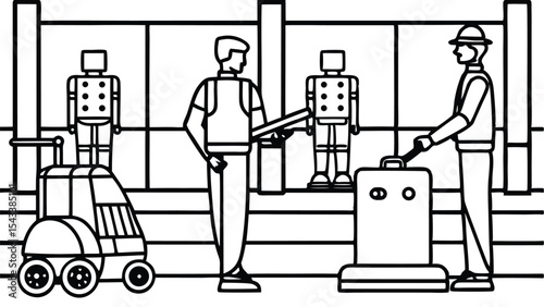 Airport security scene showing workers with luggage and a robot in a black and white outline