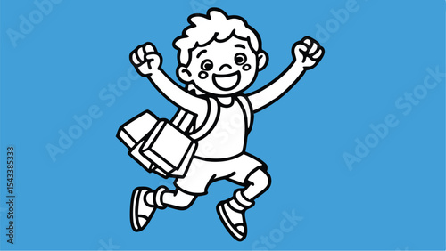 A happy cartoon schoolboy with a backpack jumping in the air against a bright blue background illustration