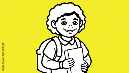 Illustration of a student with curly hair and a backpack holding a book on a yellow background