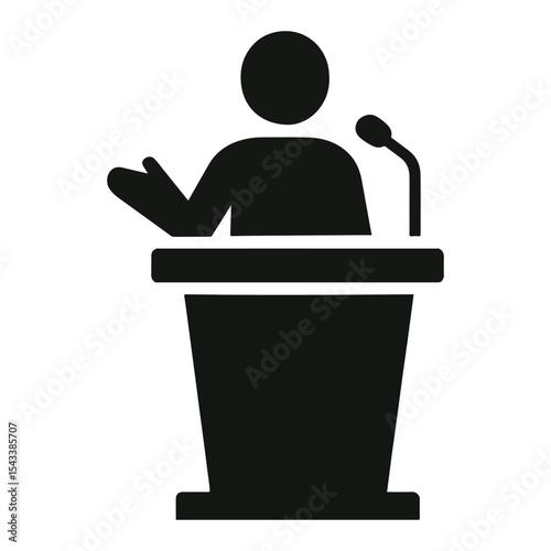 Silhouette Illustration of a Speaker Giving a Presentation at a Podium with a Microphone in a Simple Graphic Style