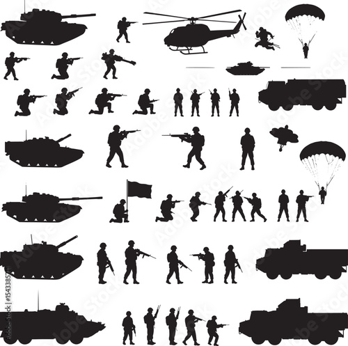 Assortment of military vehicles and soldiers in silhouette on white