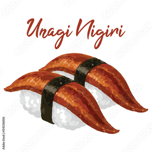 unagi eel nigiri sushi in watercolor illustration style, isolated vector on white background