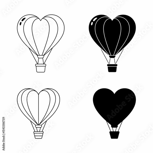 Heart-Shaped Hot Air Balloon Icons. Romantic Love Flight Vector Set