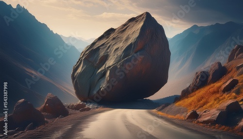 colossal boulder blocks deserted mountain road symbolizing obstacle power and isolation