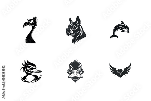 Six monochrome animal head and bird logos