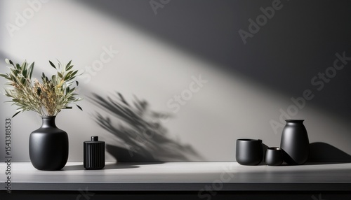 clean black ledge with minimal decor soft shadows throughout