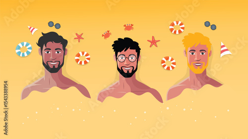 Three stylish young men swimming in sea with beach elements and sunlight