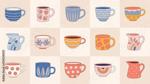 A collection of 18 hand-drawn ceramic cups and mugs arranged in a 3x6 grid on a light beige background.