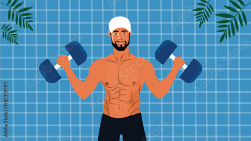 A strong man working out with dumbbells while standing in a blue tiled pool