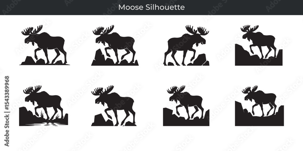 Fototapeta premium Eight distinct moose silhouette illustrations depicting wildlife in various forest landscapes and rocks
