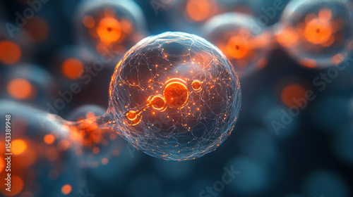 Abstract depiction of interconnected cellular structures.  Orange glowing orbs linked by transparent filaments,  blurred background of similar structures