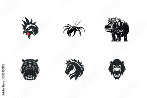 Six aggressive animal head and full body silhouettes