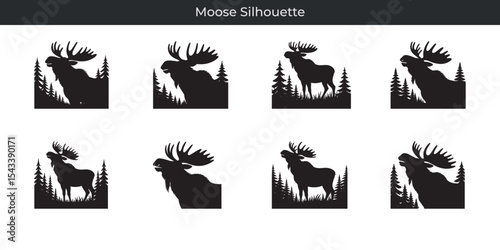 Collection of moose silhouette designs featuring trees and grassland silhouettes in black and white
