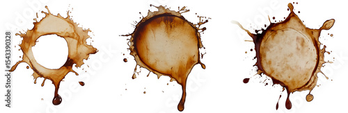 Set of various ring-shaped coffee stains isolated on transparent background