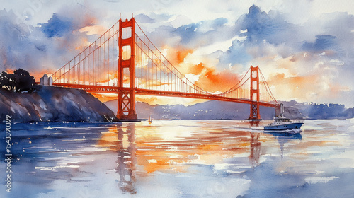 Golden Gate Bridge at sunrise, watercolor landscape