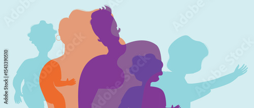 Authentic Family with kids, silhouette vector stock illustration with happy parents as a large family
