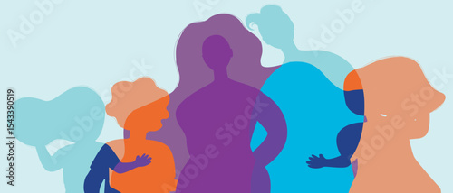 Authentic Family with kids, silhouette vector stock illustration with happy parents as adoption concept