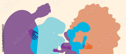 Authentic Family with kids, silhouette vector stock illustration with happy people