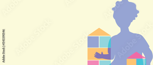 Parents with many children with kids playing with cubes, silhouette vector stock illustration as Authentic Family, copy space template for overlay