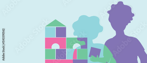 Parents with many children with kids playing with cubes, silhouette vector stock illustration as Authentic Family, copy space template for overlay