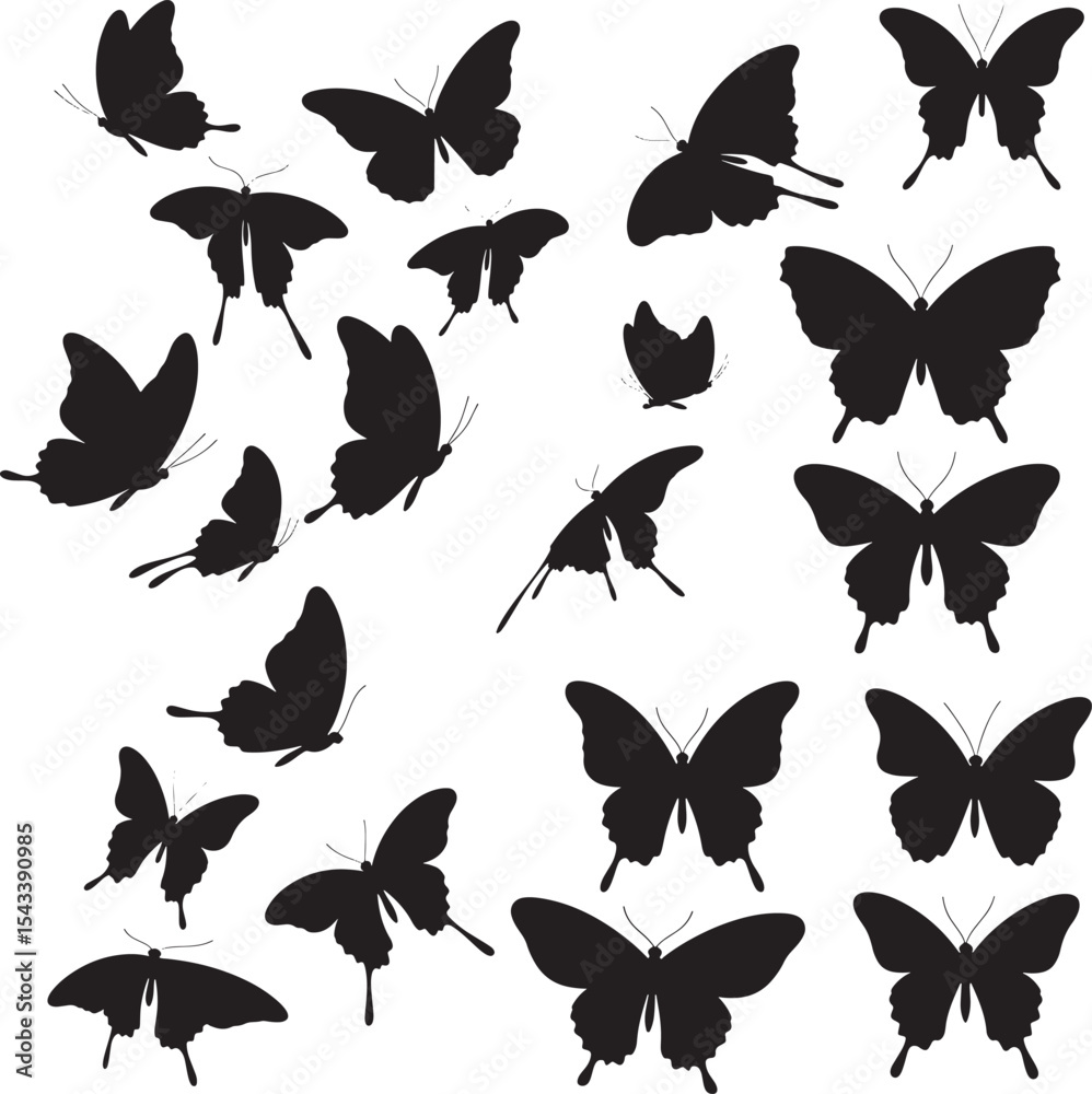 Fototapeta premium Butterfly silhouettes flying isolated on white background