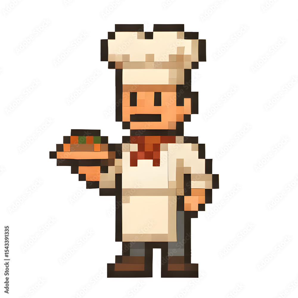 Obraz premium Pixel art of a chef holding a plate of food, wearing a tall white hat and apron. Retro 8-bit style, warm tones, white background. Ideal for food games, apps, and UI.