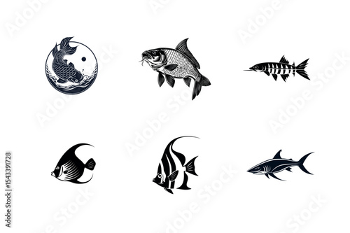 Six black and white fish illustrations