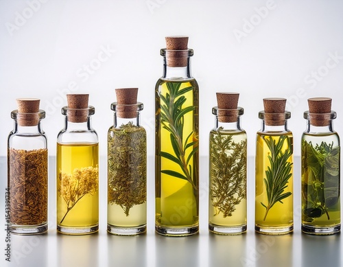 five glass bottles with cork stoppers filled with herbal oil on white background