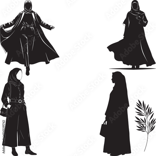 Contemporary Arabian Muslim Women Silhouette Vector Set with Accessories