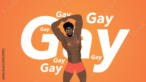 Shirtless man confidently posing in front of bold gay themed background
