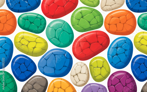 A seamless pattern of colorful, smooth river rocks arranged in a random, overlapping layout against a white background.