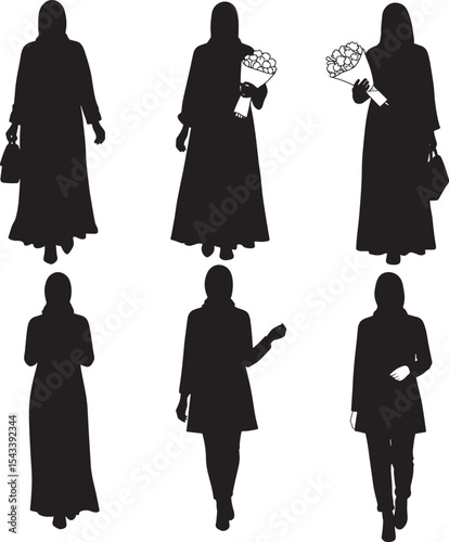 Contemporary Arabic Muslim Women Fashion Silhouette Vector Set  