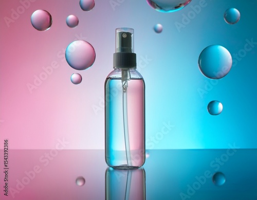 transparent empty glass bottle with head pump on pastel blue pink gradient modern background bubbles front view blank clean cosmetic beauty product packaging copyspace for text advertising mock up