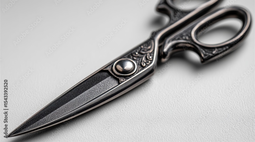Obraz premium Artistic close-up of ornate silver scissors against a textured backdrop